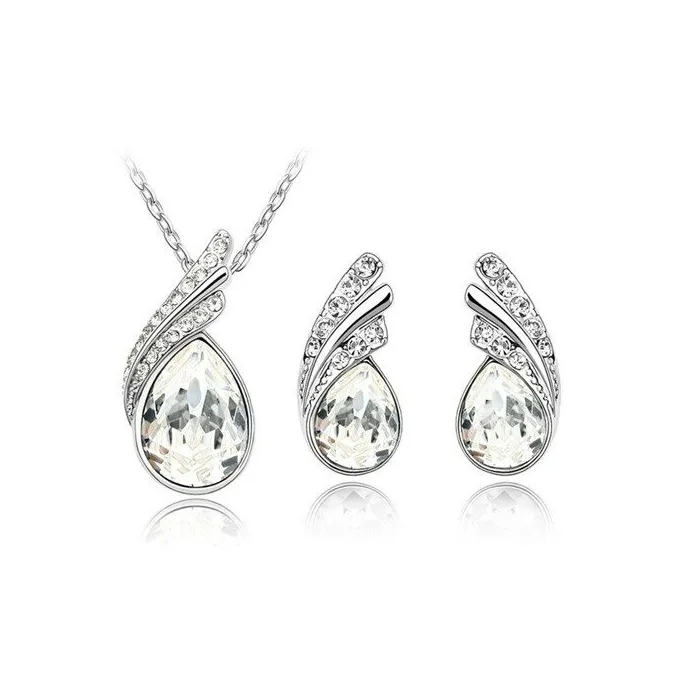 Österreichische Kristallfeder / Wassertropfen - Halskette / Ohrring / Armband - Schmuckset
