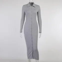Fashionable button up dress - ankle length - long sleeve - v-neck