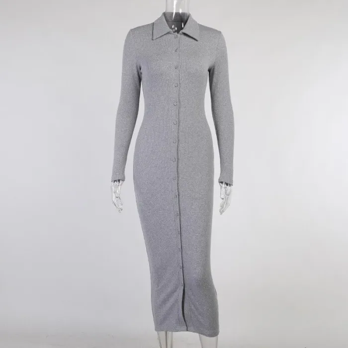 Fashionable button up dress - ankle length - long sleeve - v-neck