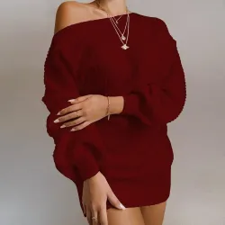 Sexy Strickpullover - Minikleid - Off-Shoulder / Laternenärmel