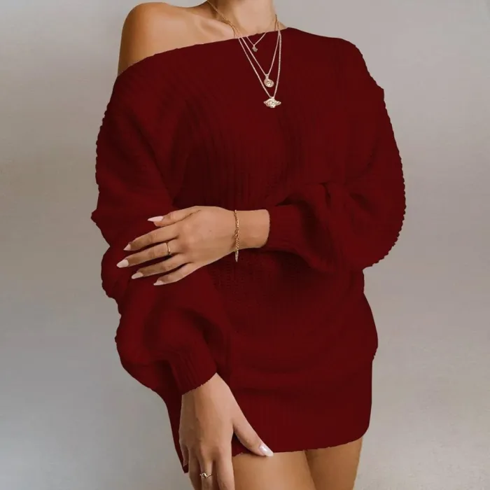 Sexy Strickpullover - Minikleid - Off-Shoulder / Laternenärmel