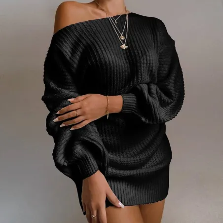 Sexy knitted sweater - mini dress - off-shoulder / lantern sleeves