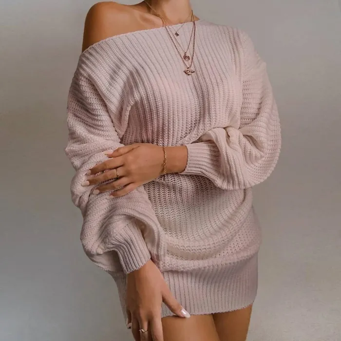 Sexy gebreide trui - mini jurkje - off-shoulder / lantaarnmouwenBlouses & overhemden