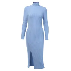 Elegante katoenen jurk - met col / lange mouw / zijuitsnijdingJurken