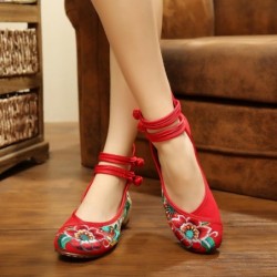 Chinese style sandals - canvas shoes with buckle - embroidered hibiscus flowers