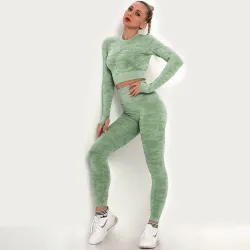 Kamuflażowy komplet do fitnessu - bezszwowy - koszulka z długim rękawem / legginsyFitness