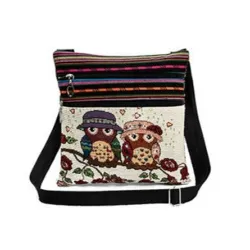 Mini torebka na ramię vintage - z suwakami - haftowane sowyTorebki