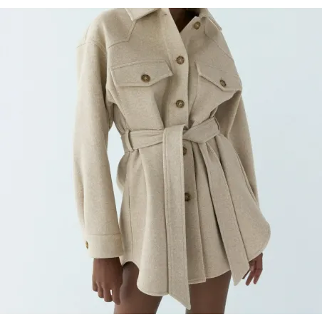 Vintage Wolljacke beige - mit Taschen / Gürtel / Knöpfen