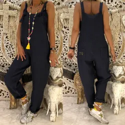 Vintage linen jumpsuit - lace up straps - loose - wide leg