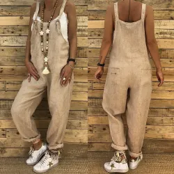 2021 Women Casual Jumpsuits Vintage Linen Solid Rompers Lace Up Strappy Loose Wide Leg Dungarees Bib Overalls Female Playsuits
