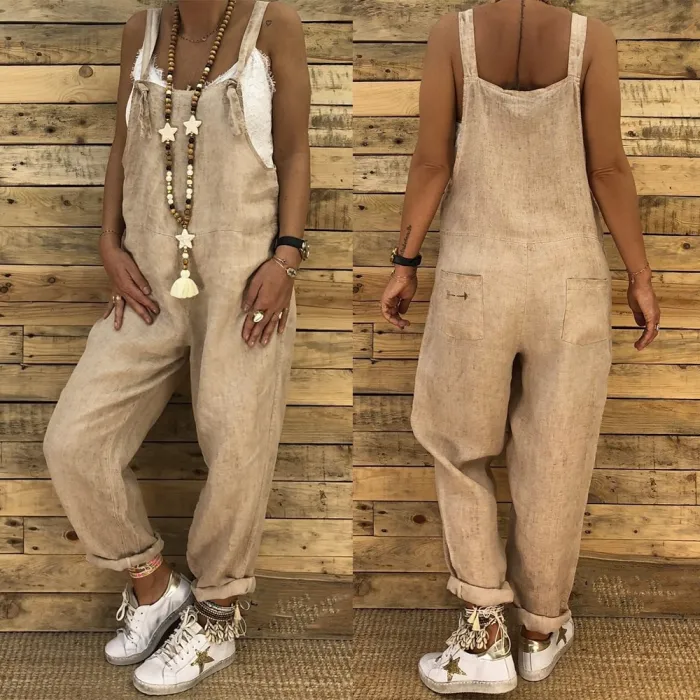 Vintage linen jumpsuit - lace up straps - loose - wide leg