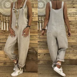 Vintage linnen jumpsuit - veterbandjes - los - wijde pijpenJumpsuits
