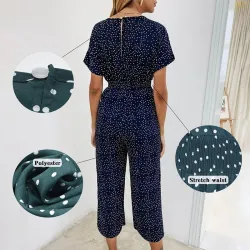 Lossky Women Jumpsuits Rompers Summer Casual Print V-neck Pocket Overalls Jumpsuit Short Sleeve Wide Leg Loose Jumpsuit