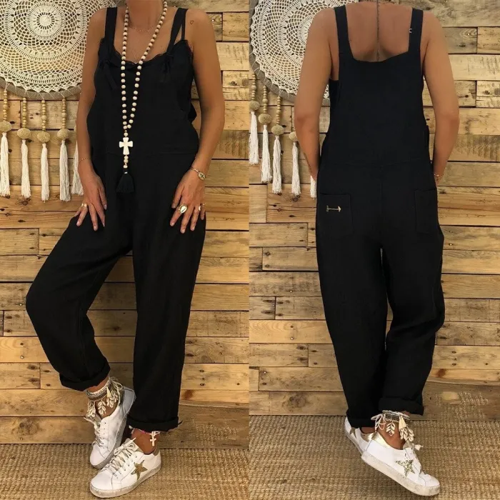 Vintage linen jumpsuit - lace up straps - loose - wide leg