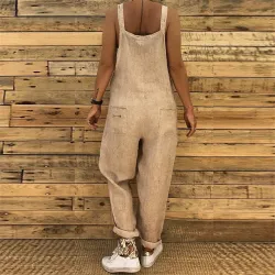 Vintage linen jumpsuit - lace up straps - loose - wide leg