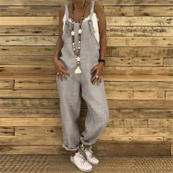 Vintage linnen jumpsuit - veterbandjes - los - wijde pijpenJumpsuits