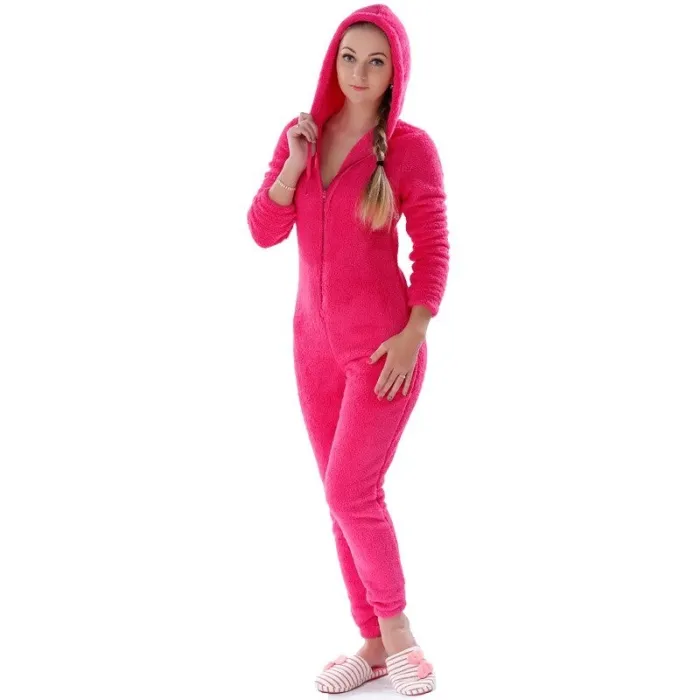 Einteiliger Pyjama - flauschiger Fleece-warmer Overall - mit Kapuze / Reißverschluss