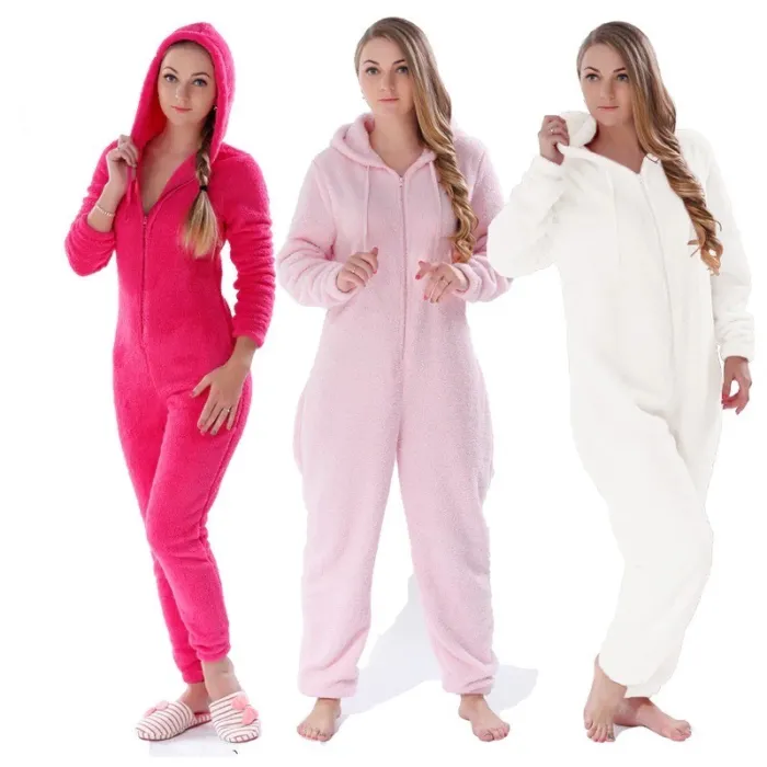 One piece pyjama - fluffy fleece warm jumpsuit - with hood / zipper