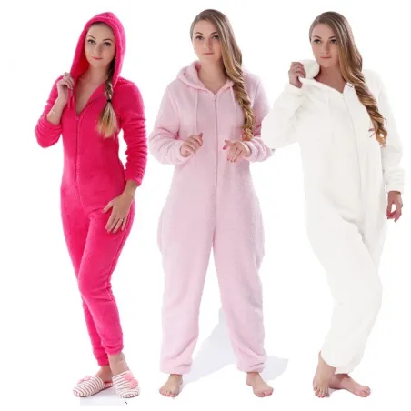 One piece pyjama - fluffy fleece warm jumpsuit - with hood / zipper