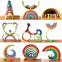 Creative building blocks - wooden educational toy - rainbow / boxes / people figures / balls