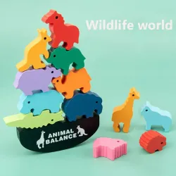 De maderaChildren Montessori Wooden Animal Balance Blocks Board Games Toy Dinosaur Educational Stacking High Building Block W...