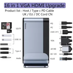 Baseus USB C HUB Type C to HDMI-compatibe RJ45 VGA SD/TF Reader USB 3.0 PD Power Adapter 17 in 1 Docking Station For Macbook pro
