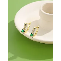 Eleganckie złote kolczyki - z kwadratowym zielonym kryształemKolczyki
