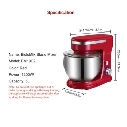 BioloMix - Küchenmaschine - Edelstahlschüssel - 6 Geschwindigkeiten / Schneebesen / Teigkneten - 1200W / 5L