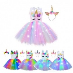 DisfracesGirl Unicorn Dresses for Girls Tutu Princess Party Dresses with LED Lights Flower Birthday Party Cosplay Costume Gir...