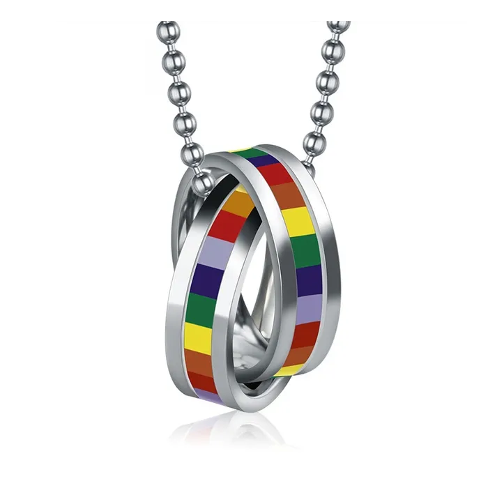 Rainbow dubbelringar hänge - halsband i rostfritt stål