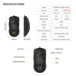 Delux M700A - przewodowa mysz do gier - RGB - 7200DPI - lekka - ergonomiczna - skorupa o strukturze plastra mioduMyszki