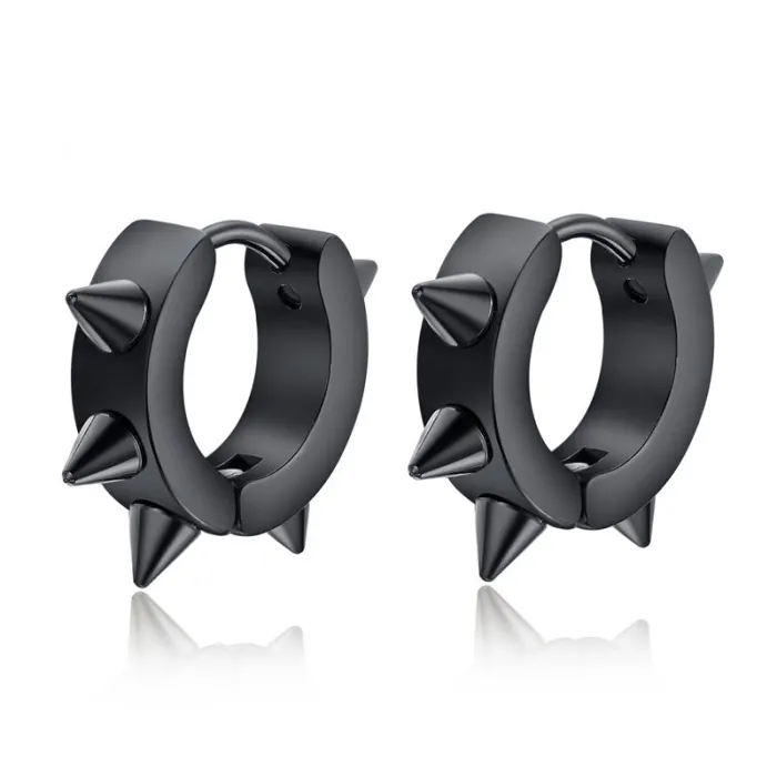 Petites boucles d'oreilles rondes style Hip Hop - avec rivets - noir / argent - unisexe