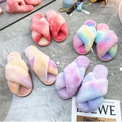 Warm fluffy slippers - non slip - crossed front straps
