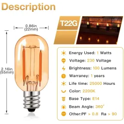 Vintage żarówka LED - tuba Edisona - T22 - 2200K - E12 / E14 - 1W - ściemnialna - bursztynowe szkło - 5 sztukE14