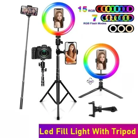 Selfie LED ring - RGB - dimmable fill light - with tripod - for photography / makeup / video