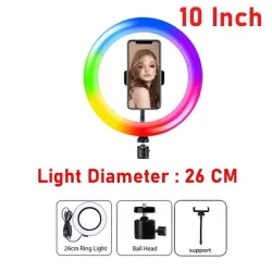 Selfie LED ring - RGB - dimmable fill light - with tripod - for photography / makeup / video
