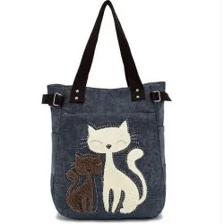Klassieke canvas tas met bedrukte katHandtassen