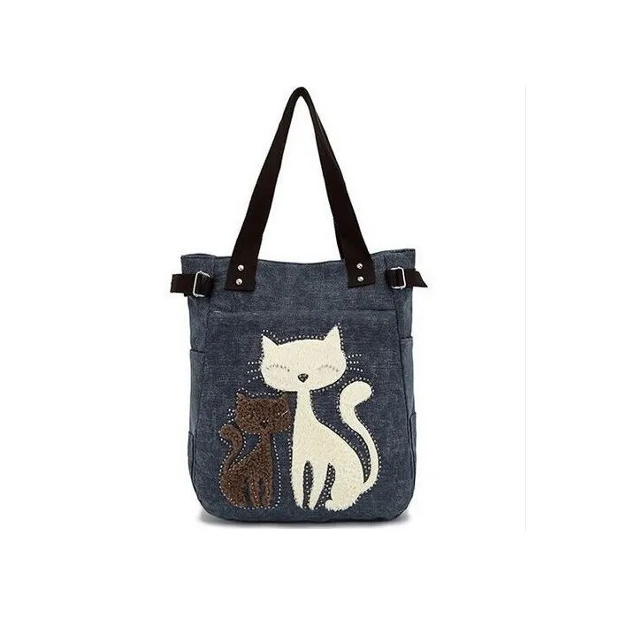 Klassieke canvas tas met bedrukte katHandtassen