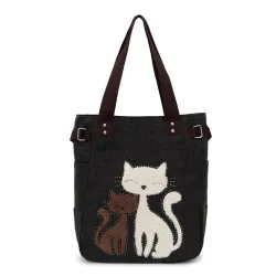 Klassieke canvas tas met bedrukte katHandtassen
