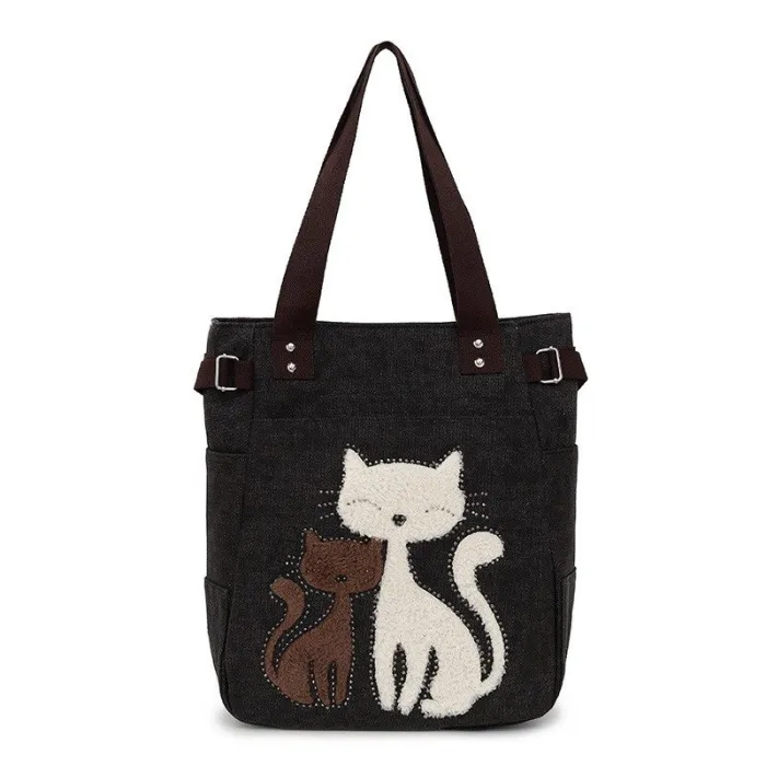 Klassieke canvas tas met bedrukte katHandtassen