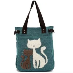 Klassieke canvas tas met bedrukte katHandtassen