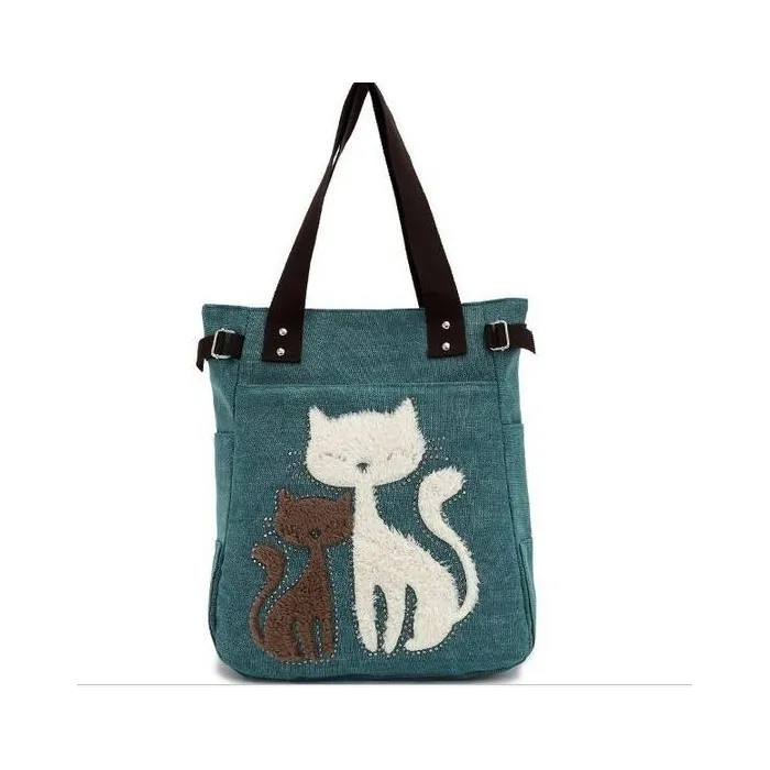 Klassieke canvas tas met bedrukte katHandtassen