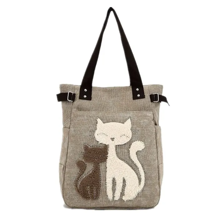 Klassieke canvas tas met bedrukte katHandtassen
