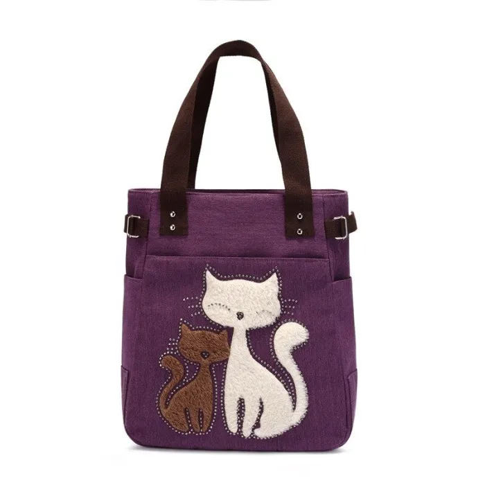 Klassieke canvas tas met bedrukte katHandtassen