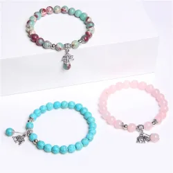 Modna bransoletka ze słonikiem - kamień naturalny - chalcedon / turkus / kamień shoushan / malachit / kwarcBransoletki