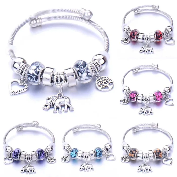 Elegantes Armband - mit Charms - Elefant / Perlen / Herz / Feder / Kristallblumen