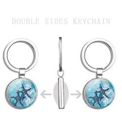 llaveroBlue sea life - round double sided glass keychain - turtle / dolphin / seashells