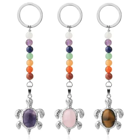 Keychain with turtle - natural stone / colorful beads
