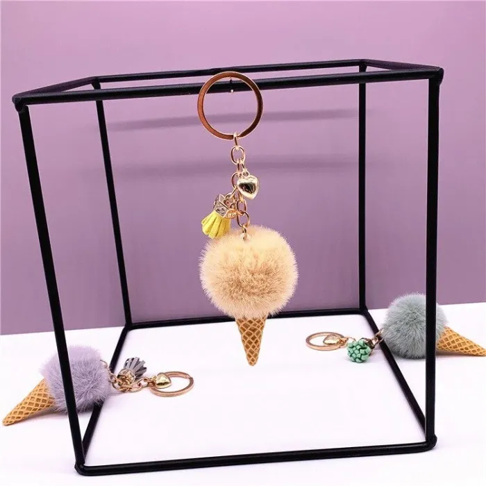Metal keychain - with a fluffy ice cream pendant