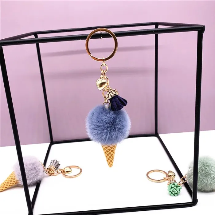 Metal keychain - with a fluffy ice cream pendant